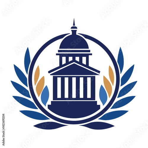 Influential minimalist logo representing a lobbying firm, featuring a prominent building within a circular frame and laurel leaves, designed for modern governance and advocacy
