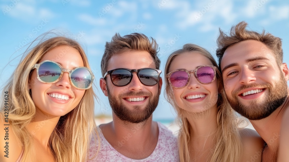Group selfie of happy friends on beach Group selfie of happy friends on beach