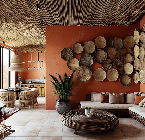 Obraz na płótnie Warm Interior Room Design With Earthy Tones Bohemian Decor And Natural Light w salonie