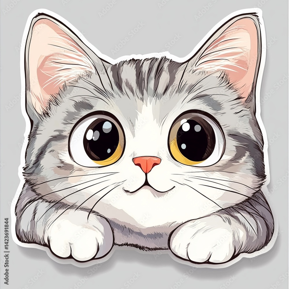 Adorable Gray Kitten with Big Eyes: A Cute and Charming Feline Illustration - Perfect for Pet Lovers and Animal Enthusiasts