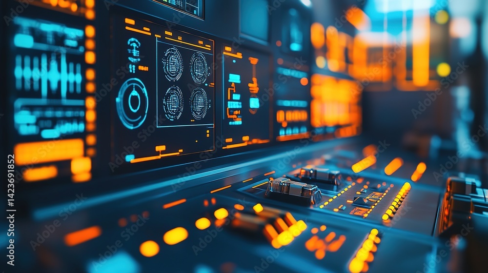 Naklejka premium A futuristic control room with AI-driven systems ensuring maximum efficiency and reliability.