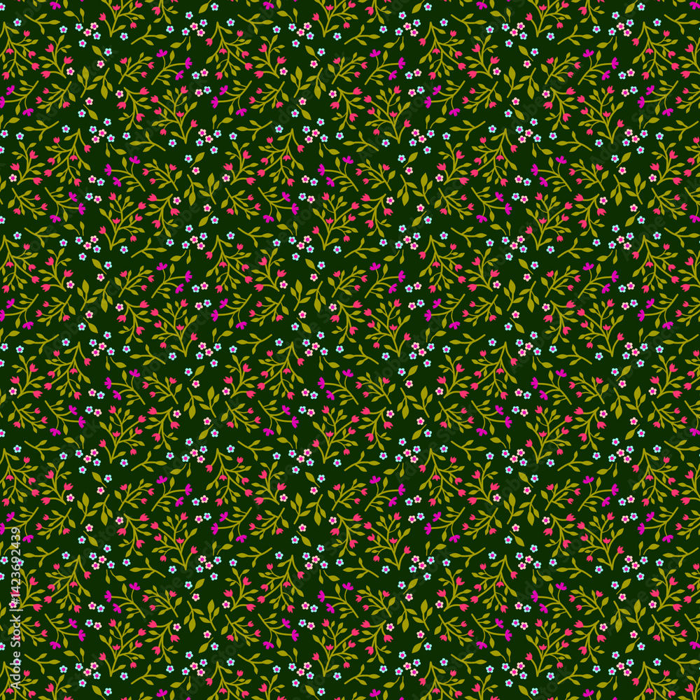 Flat small multicolored spring flowers isolated on a dark green background Country style tiny flowers pattern Ditsy dress fabric print Flat small multicolored spring flowers isolated on a dark green background Country style tiny flowers pattern Ditsy dress fabric print