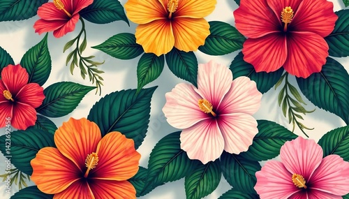 Wallpaper Mural Bold tropical hibiscus pattern, vibrant colors, tropical, bright, vibrant Torontodigital.ca