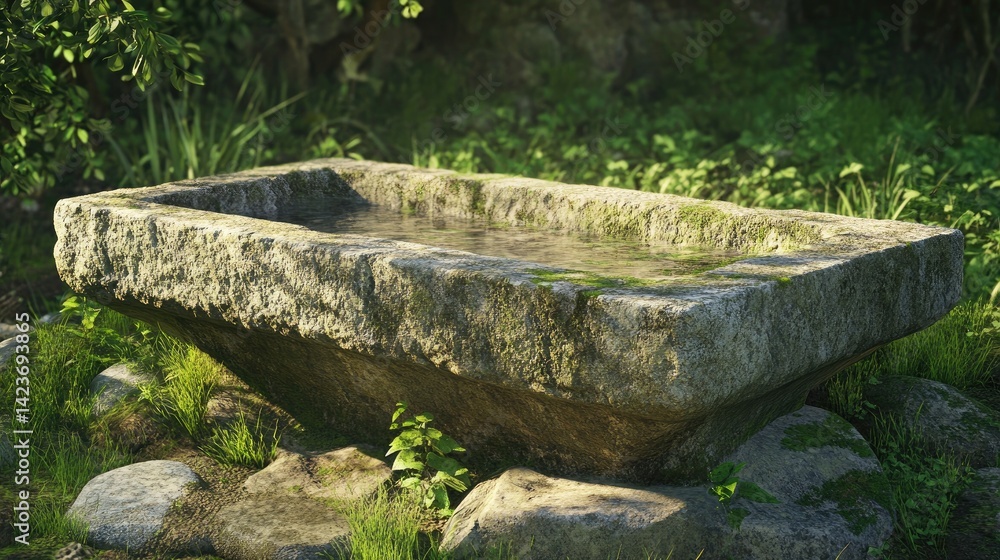 Ancient Stone Basin Surrounded by Lush Greenery and Sunlit Grass with a Calm Water Reflection Ancient Stone Basin Surrounded by Lush Greenery and Sunlit Grass with a Calm Water Reflection