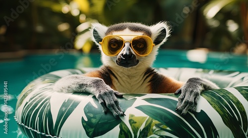 A lemur in a jungle-leaf patterned float, wearing yellow aviator sunglasses, exotic pool with.