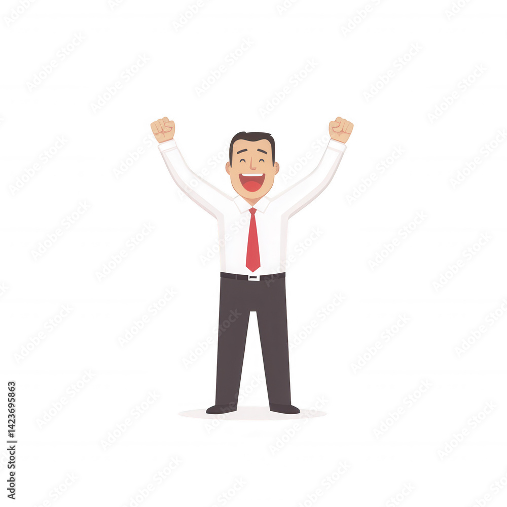 A joyful business professional celebrating success with raised arms. The character portrays enthusiasm and positivity, ideal for themes of motivation and achievement. A joyful business professional celebrating success with raised arms. The character portrays enthusiasm and positivity, ideal for themes of motivation and achievement.
