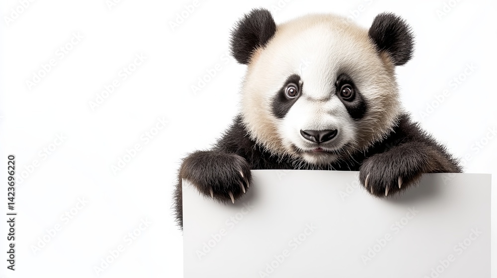 Fototapeta premium A panda holding a product sign with room for business text on the side,.