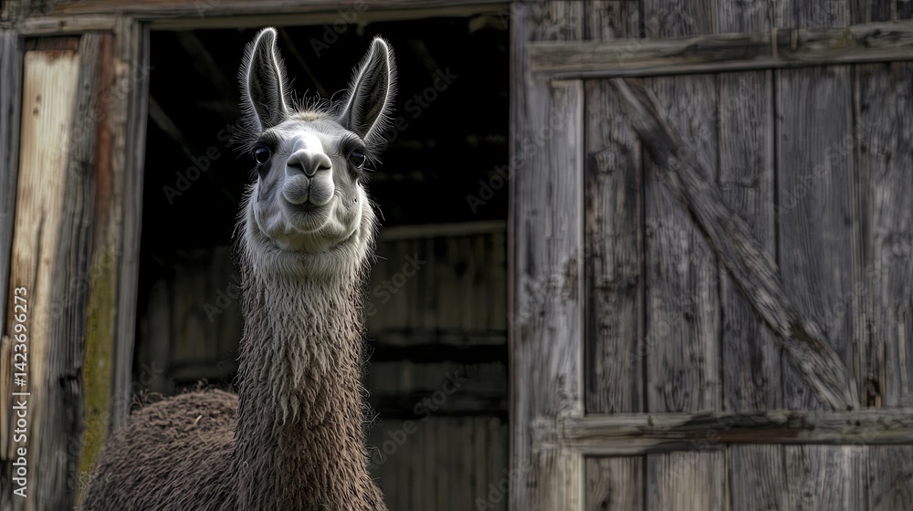 Naklejka premium A llama in front of a barn door with banner space,.
