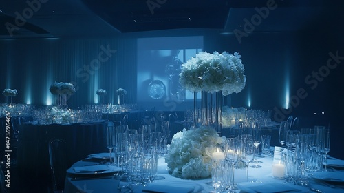 Elegant corporate event with blue lighting and floral centerpieces creating a sophisticated and luxurious atmosphere