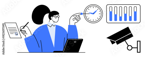 Person reviewing documents, pointing at clock, working on a laptop, surrounded by graphs and a security camera. Ideal for productivity, analysis, management, efficiency monitoring, security