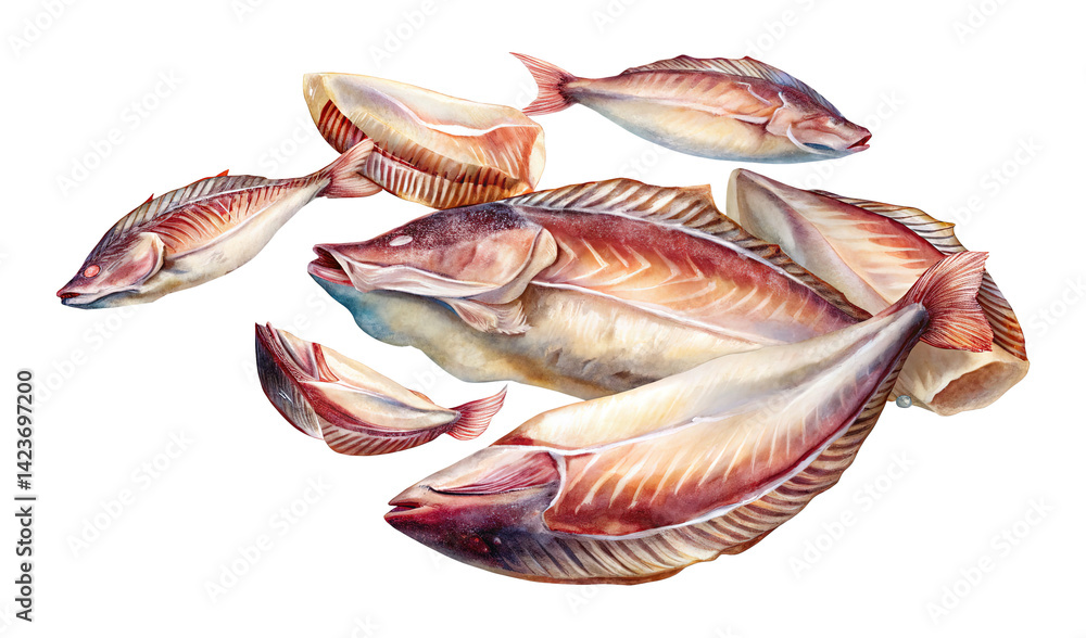 Artistic Depiction of Freshly Cut and Whole Fish on a White Background Artistic Depiction of Freshly Cut and Whole Fish on a White Background