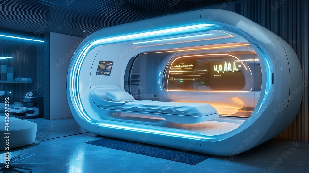 3D-printed pod in futuristic clinic, glowing interface. 3D-printed pod in futuristic clinic, glowing interface.
