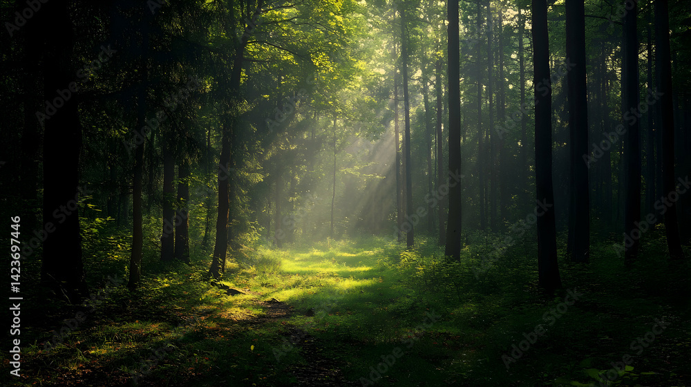 Sunbeams dance through a mystical forest path, creating an ethereal and serene atmosphere with dappled light and shadow. Sunbeams dance through a mystical forest path, creating an ethereal and serene atmosphere with dappled light and shadow.