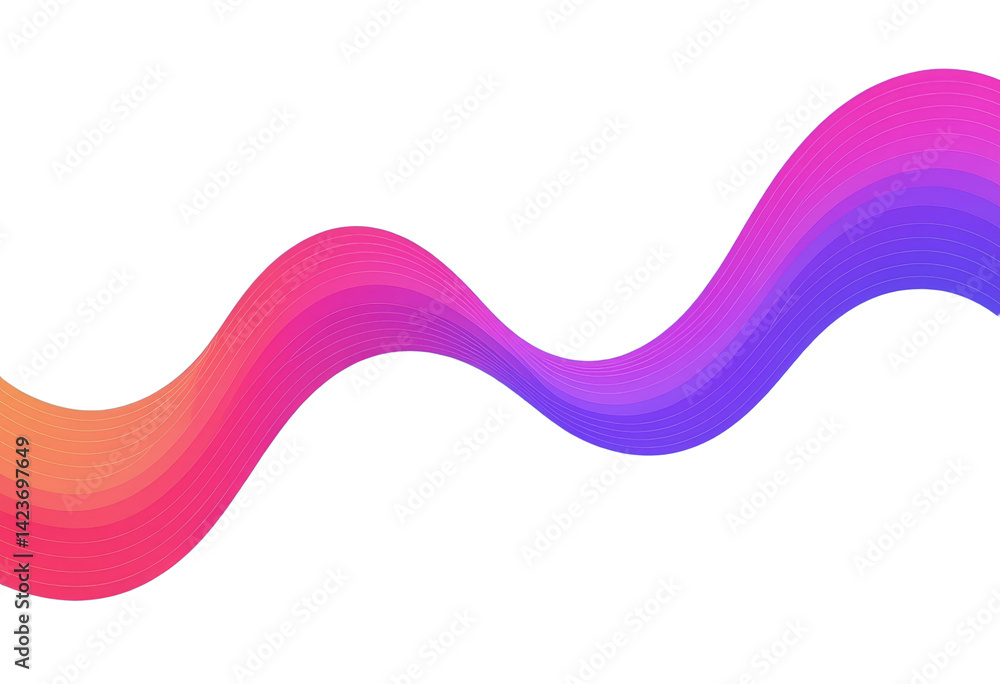 Abstract Wavy Gradient Ribbon, Orange to Purple, transparent background.
