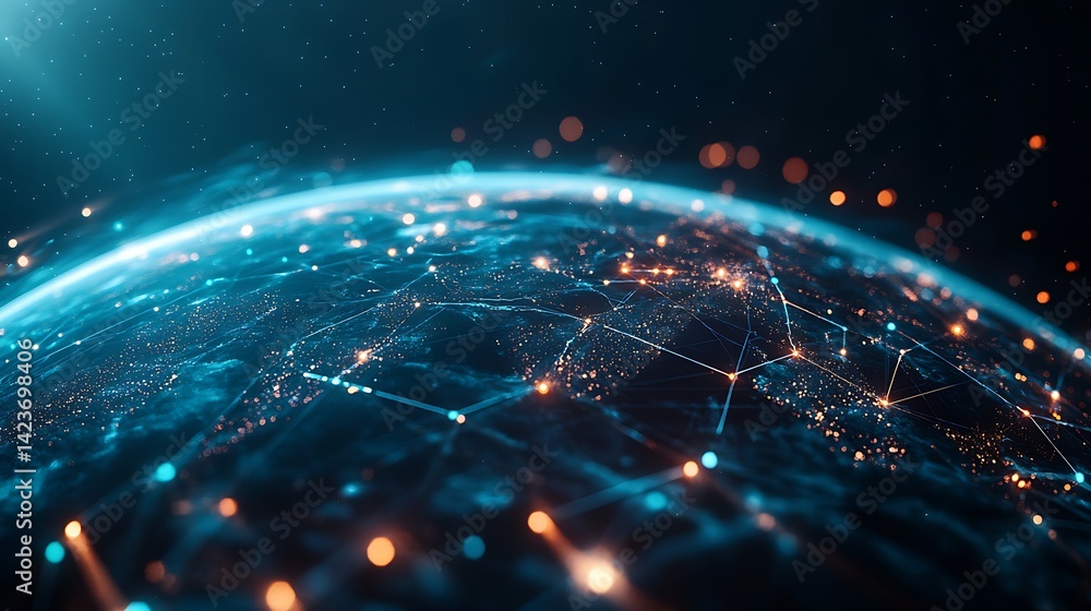 Global Network Illustration Featuring Planet Earth with Connected Light Nodes Global Network Illustration Featuring Planet Earth with Connected Light Nodes