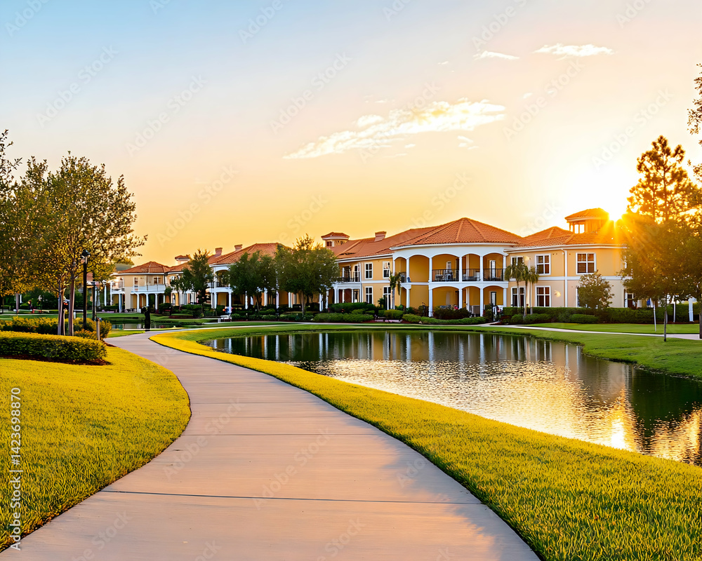 Obraz premium Sunset view of upscale residential community with walking path and pond
