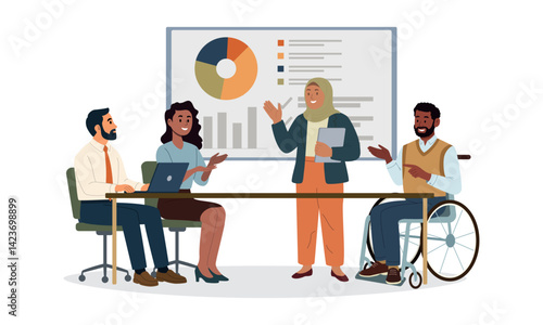 Business Presentation. A group of diverse people leading a presentation at a table near a board. Vector cartoon illustration in a flat style. Isolated on background