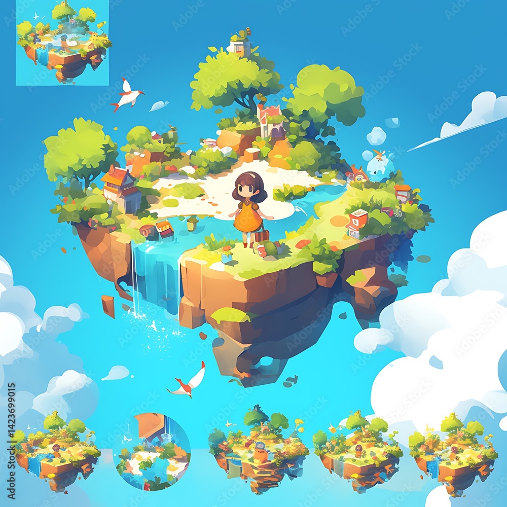 Whimsical Floating Island Scene With Girl Waterfall And Lush Greenery Under Clear Blue Sky