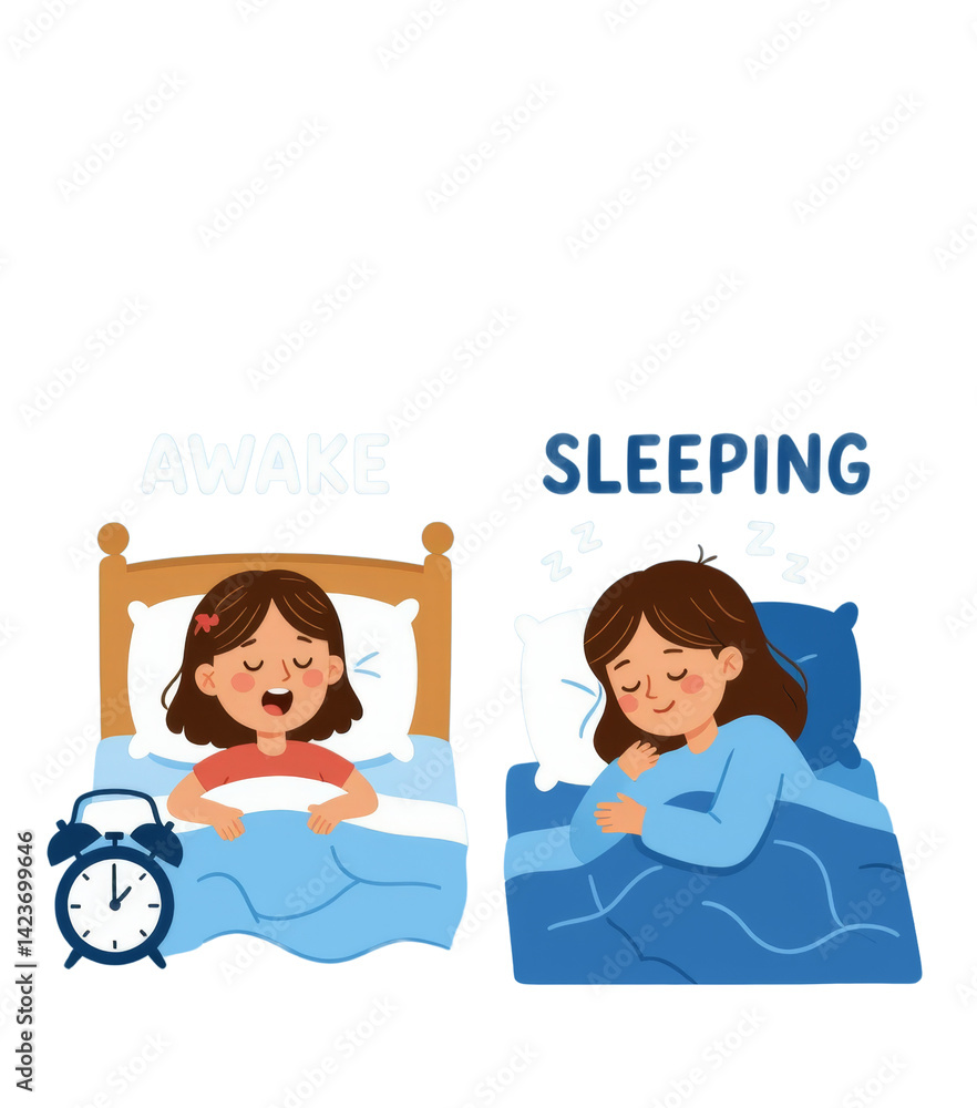 Awake vs Sleeping Girl Cartoon: Transparent Background, Bedtime, Sleep Cycle