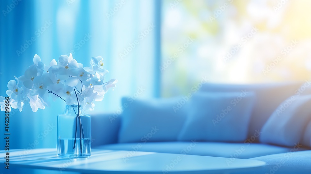 White Flowers In Glass Vase On Table Near Sofa With Bright Daylight