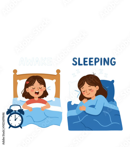 Obraz na płótnie Awake vs Sleeping Girl Cartoon: Transparent Background, Bedtime, Sleep Cycle w salonie