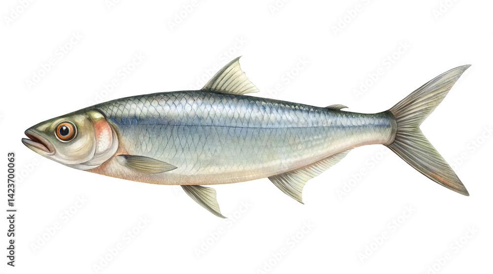 Watercolor Illustration of an American Shad Fish with Detailed Scales and Fins Watercolor Illustration of an American Shad Fish with Detailed Scales and Fins