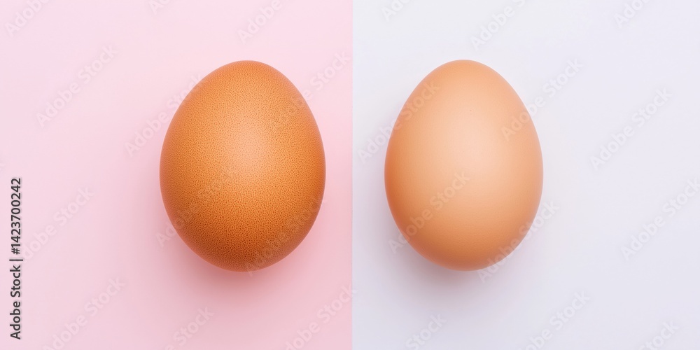 Fototapeta premium Two eggs are shown side by side on a pink background. The eggs are different sizes and have different textures. Concept of contrast and variety, as well as the natural beauty of eggs