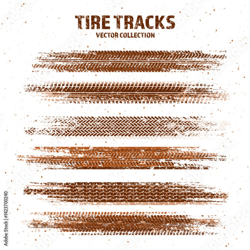 Grunge tire tracks with mud splatters, dirty wheel braking marks. Truck, car, or motorcycle tread pattern silhouettes. Perfect for off-road, motorsport, and racing designs. Vector illustration