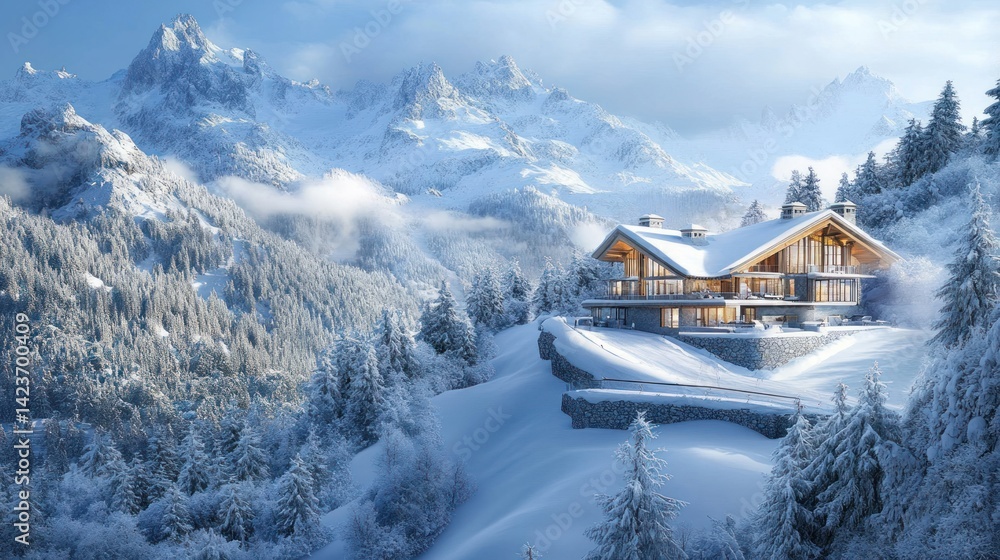 Fototapeta premium Luxury Chalet in Snowy Alpine Mountains: A Winter Wonderland Escape