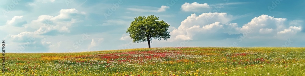 A dreamy field of wildflowers with a single tree at the center. Above, the sky is expansive, with soft clouds drifting, leaving a clear space for typography and branding. A dreamy field of wildflowers with a single tree at the center. Above, the sky is expansive, with soft clouds drifting, leaving a clear space for typography and branding.