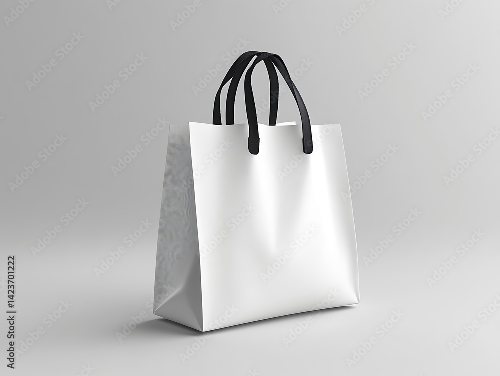 White Paper Shopping Bag With Black Handles On Gray Background