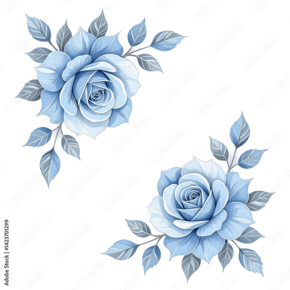 Blue Rose Corner Floral Design, Transparent Background, Elegant, Watercolor Effect