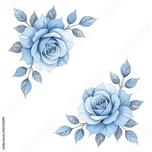 Obraz na płótnie Blue Rose Corner Floral Design, Transparent Background, Elegant, Watercolor Effect w salonie