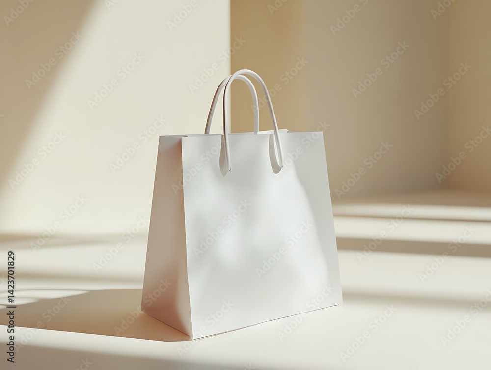 White Paper Shopping Bag With White Handle And Shadow In Neutral Tones