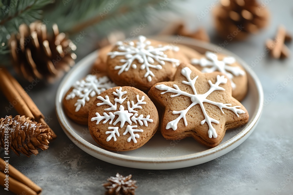 Snowflake-shaped gingerbread cookies with white icing, surrounded by pine branches and pinecones, festive Christmas setting Snowflake-shaped gingerbread cookies with white icing, surrounded by pine branches and pinecones, festive Christmas setting