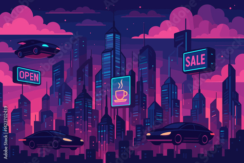 A city of the future filled with technological advancements and radiant hues at dusk
