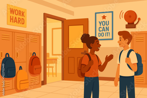 A vibrant hallway in a school during class changes