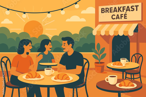 A vibrant outdoor café setting filled with freshly prepared breakfast and a laid-back atmosphere