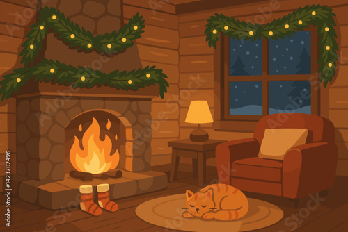 A cozy getaway with a rustic ambiance, complete with comfort, decor, and festive charm