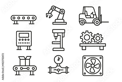 Symbols depicting equipment utilized in mass production facilities