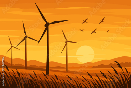A renewable energy landscape glowing in evening sun