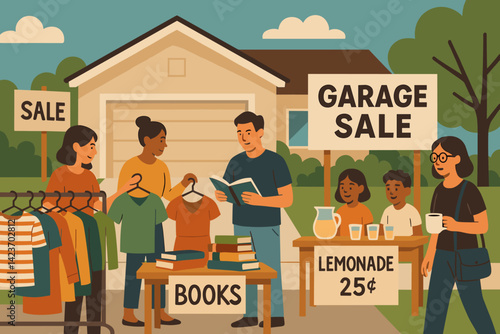 A sunny day with a local yard sale and friendly social vibe