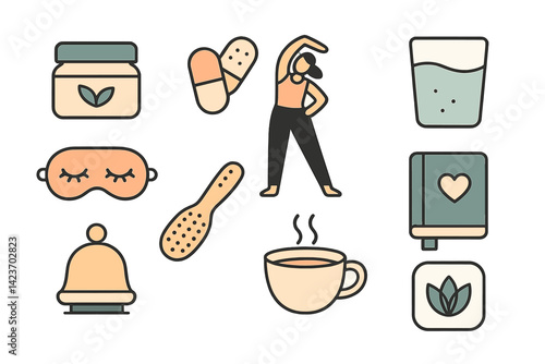 Personal wellness habits and self-care objects for everyday use
