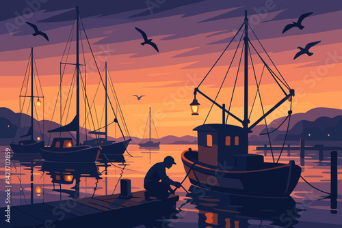 A serene waterfront view at dusk featuring vessels and peaceful waves