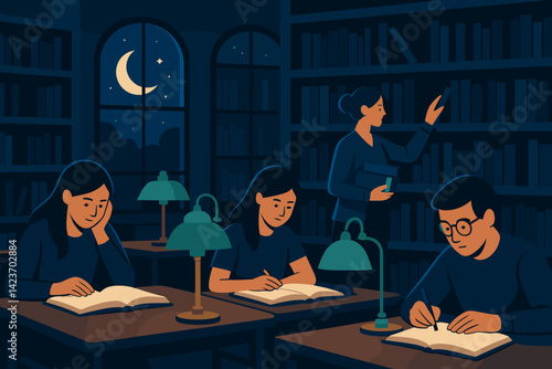 An evening library scene featuring readers, books, and a peaceful atmosphere