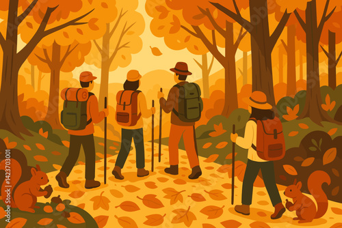 A picturesque fall hike through the woods featuring vibrant foliage and energetic trekkers