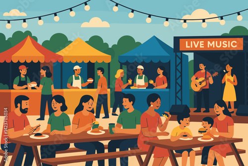 A festive outdoor gathering with food stalls, lights, and lively energy