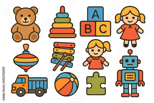 Vibrant symbols of toys frequently seen in play areas and educational environments for young children