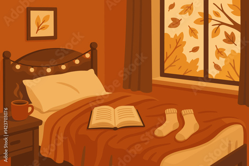 A cozy bedroom adorned with warm textures and autumnal accents