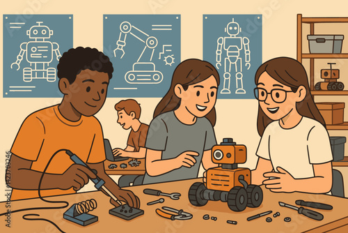 A teen tech club working together on robotics and inventions